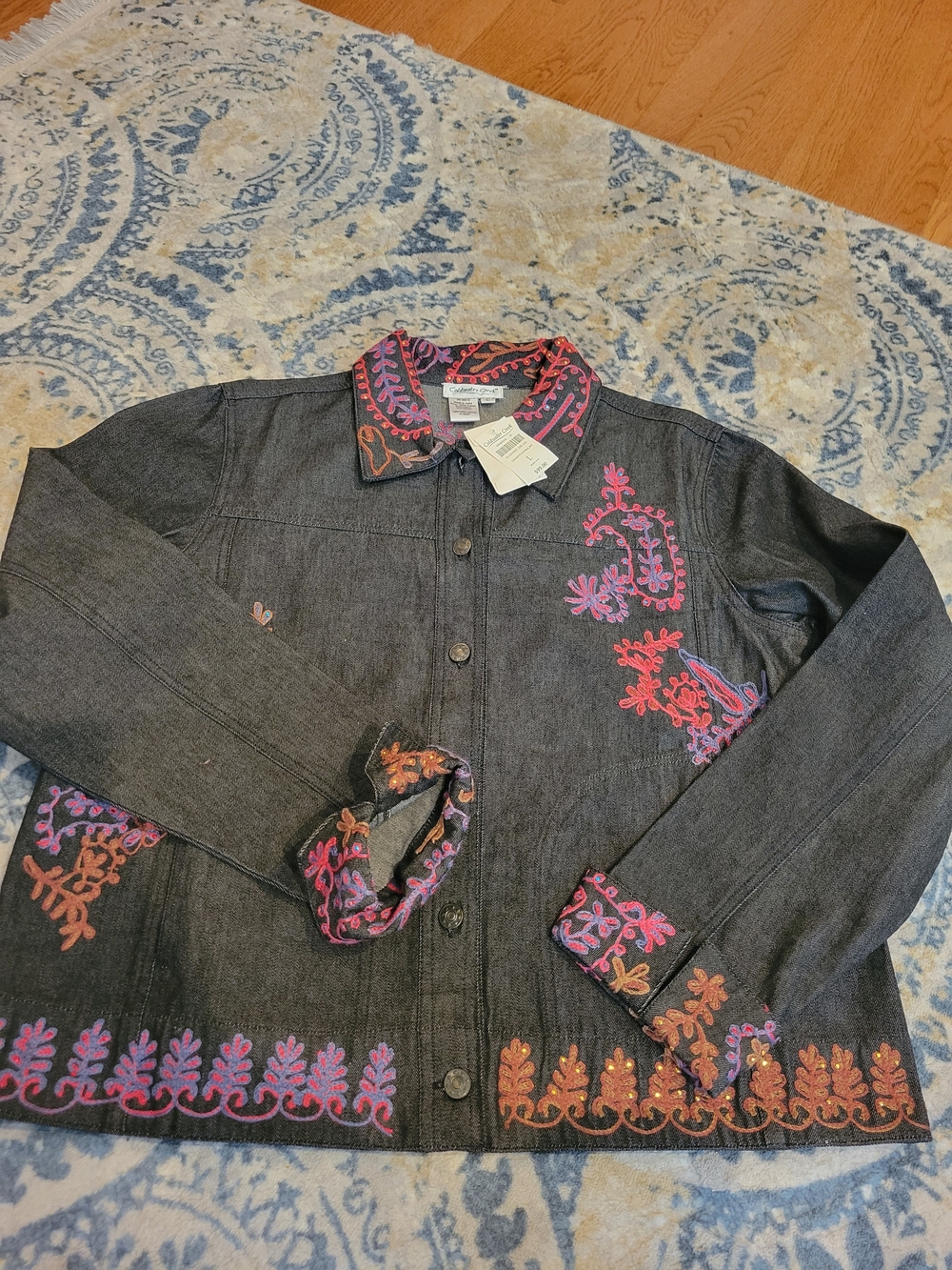 Coldwater Creek Black Denim Jacket with Pink & Tan Embroidery NWT Large